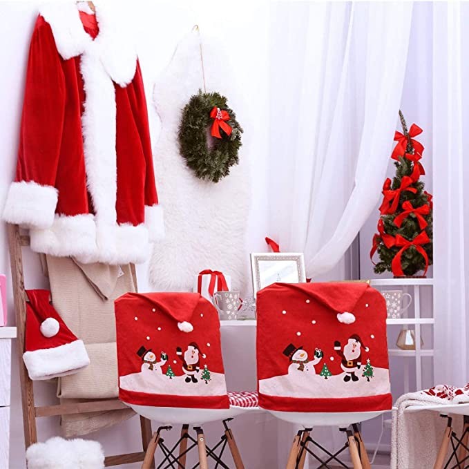MSQ 2022 Christmas Decorations Red Christmas Chair Back Covers Decorations, Set of 2 Santa Claus Snowman Hat Xmas Chair Seat Slip cover for Christmas Dining Room Kitchen Party Decoration Ornaments